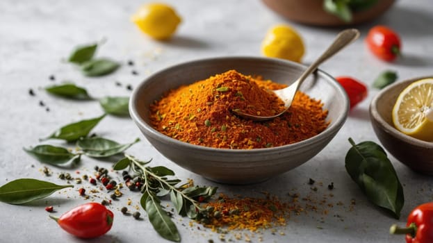 Close-up of a bowl filled with a vibrant orange spice powder. The powder is sprinkled with ground chili peppers and paired with fresh lemon wedges and leafy green herbs on a concrete background.