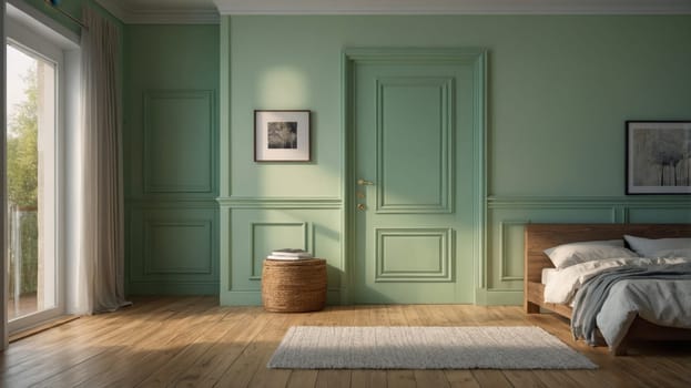 A stylish bedroom featuring a green wall and wooden floor. The bed has a white duvet and brown blanket, accompanied by a small round table with books and tasteful paintings on the walls.