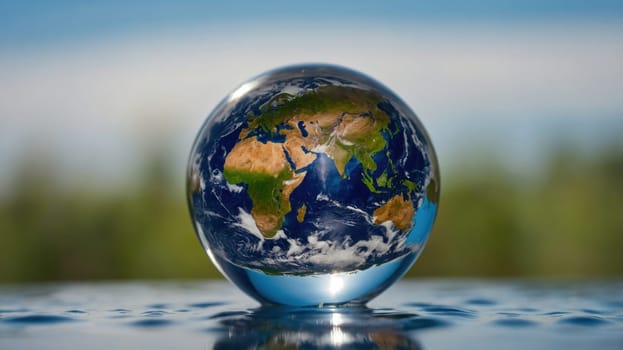A stunning transparent glass ball rests on a vibrant green grass field, perfectly reflecting the Earth with its rich colors. The soft blue background enhances the scene, creating a serene atmosphere.