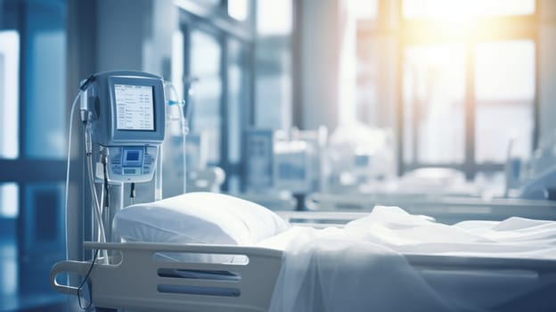 Modern hospital room interior with empty bed and medical equipment.
