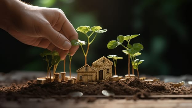 The image shows a hand nurturing young trees in soil with coins, symbolizing investment opportunities and the careful planning needed for sustainable and responsible growth.