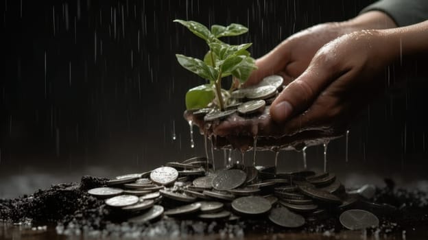 This image captures a vibrant money tree emerging from a pile of silver coins, symbolizing wealth and prosperity, with rain nurturing the growth against a backdrop of dark soil.