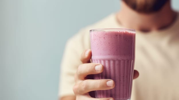 Excited man enjoying a nutritious pink smoothie with fruits in a vibrant studio setting.
