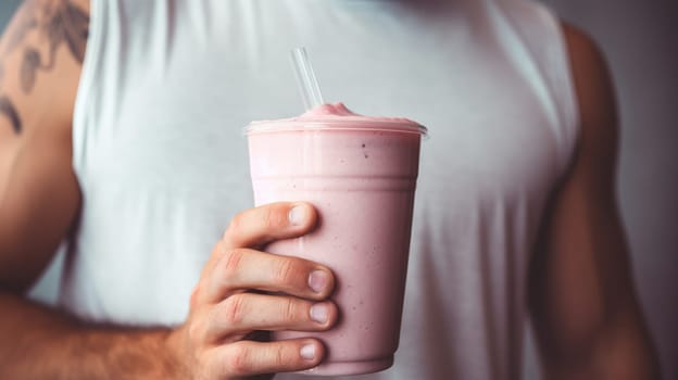 Excited man enjoying a nutritious pink smoothie with fruits in a vibrant studio setting.