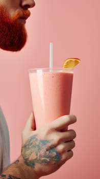 Excited man enjoying a nutritious pink smoothie with fruits in a vibrant studio setting.