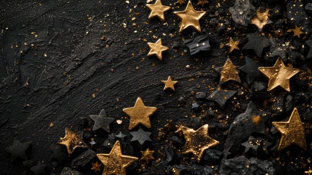 Golden stars scattered on a black stone surface with a golden glitter background.