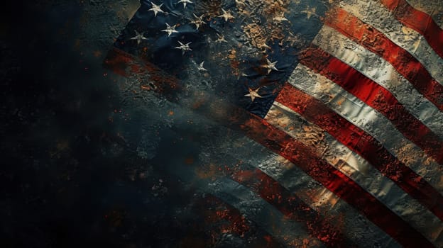 This image features a close-up of a weathered American flag with a hole in the middle, showcasing its tattered edges and vibrant red, white, and blue colors as a symbol of patriotism.
