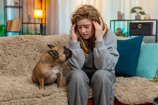 Young Caucasian redhead woman girl holds head in pain on home sofa, showing signs of headache and discomfort. Pug dog gently licks her face, expressing empathy, support and emotional sensitivity.