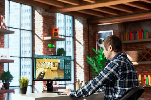Freelancer working from home moving assets in 3D modeling program, doing interior design project. Teleworking interior designer using CAD software on PC, making home floor plans