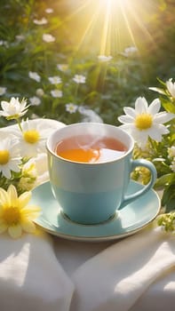 Morning Peace with a Cup of Tea. A peaceful scene featuring a mug filled with tea, placed on a soft white cloth. Delicate spring flowers with yellow centers surround the mug and add to the peaceful ambiance. The background is bathed in warm, golden sunlight, highlighting the lush greenery and more spring flowers. The steam slowly rising from the tea enhances the soothing and calming mood of the image.