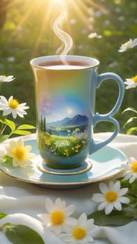 Morning Peace with a Cup of Tea. A peaceful scene featuring a mug filled with tea, placed on a soft white cloth. Delicate spring flowers with yellow centers surround the mug and add to the peaceful ambiance. The background is bathed in warm, golden sunlight, highlighting the lush greenery and more spring flowers. The steam slowly rising from the tea enhances the soothing and calming mood of the image.