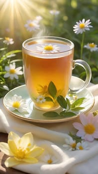 Morning Peace with a Cup of Tea. A peaceful scene featuring a mug filled with tea, placed on a soft white cloth. Delicate spring flowers with yellow centers surround the mug and add to the peaceful ambiance. The background is bathed in warm, golden sunlight, highlighting the lush greenery and more spring flowers. The steam slowly rising from the tea enhances the soothing and calming mood of the image.