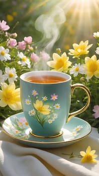 Morning Peace with a Cup of Tea. A peaceful scene featuring a mug filled with tea, placed on a soft white cloth. Delicate spring flowers with yellow centers surround the mug and add to the peaceful ambiance. The background is bathed in warm, golden sunlight, highlighting the lush greenery and more spring flowers. The steam slowly rising from the tea enhances the soothing and calming mood of the image.