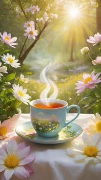 Morning Peace with a Cup of Tea. A peaceful scene featuring a mug filled with tea, placed on a soft white cloth. Delicate spring flowers with yellow centers surround the mug and add to the peaceful ambiance. The background is bathed in warm, golden sunlight, highlighting the lush greenery and more spring flowers. The steam slowly rising from the tea enhances the soothing and calming mood of the image.