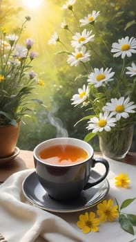 Morning Peace with a Cup of Tea. A peaceful scene featuring a mug filled with tea, placed on a soft white cloth. Delicate spring flowers with yellow centers surround the mug and add to the peaceful ambiance. The background is bathed in warm, golden sunlight, highlighting the lush greenery and more spring flowers. The steam slowly rising from the tea enhances the soothing and calming mood of the image.