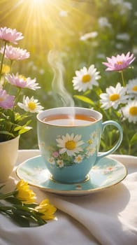 Morning Peace with a Cup of Tea. A peaceful scene featuring a mug filled with tea, placed on a soft white cloth. Delicate spring flowers with yellow centers surround the mug and add to the peaceful ambiance. The background is bathed in warm, golden sunlight, highlighting the lush greenery and more spring flowers. The steam slowly rising from the tea enhances the soothing and calming mood of the image.
