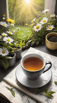 Morning Peace with a Cup of Tea. A peaceful scene featuring a mug filled with tea, placed on a soft white cloth. Delicate spring flowers with yellow centers surround the mug and add to the peaceful ambiance. The background is bathed in warm, golden sunlight, highlighting the lush greenery and more spring flowers. The steam slowly rising from the tea enhances the soothing and calming mood of the image.