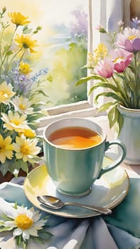 Morning Peace with a Cup of Tea. A peaceful scene featuring a mug filled with tea, placed on a soft white cloth. Delicate spring flowers with yellow centers surround the mug and add to the peaceful ambiance. The background is bathed in warm, golden sunlight, highlighting the lush greenery and more spring flowers. The steam slowly rising from the tea enhances the soothing and calming mood of the image.