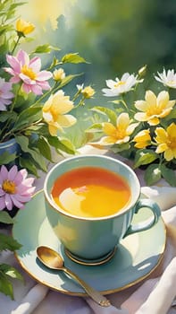 Morning Peace with a Cup of Tea. A peaceful scene featuring a mug filled with tea, placed on a soft white cloth. Delicate spring flowers with yellow centers surround the mug and add to the peaceful ambiance. The background is bathed in warm, golden sunlight, highlighting the lush greenery and more spring flowers. The steam slowly rising from the tea enhances the soothing and calming mood of the image.