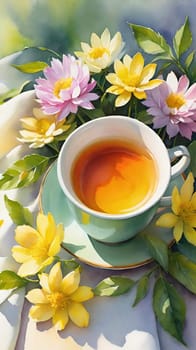 Morning Peace with a Cup of Tea. A peaceful scene featuring a mug filled with tea, placed on a soft white cloth. Delicate spring flowers with yellow centers surround the mug and add to the peaceful ambiance. The background is bathed in warm, golden sunlight, highlighting the lush greenery and more spring flowers. The steam slowly rising from the tea enhances the soothing and calming mood of the image.