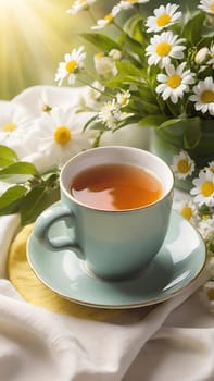 Morning Peace with a Cup of Tea. A peaceful scene featuring a mug filled with tea, placed on a soft white cloth. Delicate spring flowers with yellow centers surround the mug and add to the peaceful ambiance. The background is bathed in warm, golden sunlight, highlighting the lush greenery and more spring flowers. The steam slowly rising from the tea enhances the soothing and calming mood of the image.