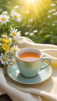 Morning Peace with a Cup of Tea. A peaceful scene featuring a mug filled with tea, placed on a soft white cloth. Delicate spring flowers with yellow centers surround the mug and add to the peaceful ambiance. The background is bathed in warm, golden sunlight, highlighting the lush greenery and more spring flowers. The steam slowly rising from the tea enhances the soothing and calming mood of the image.