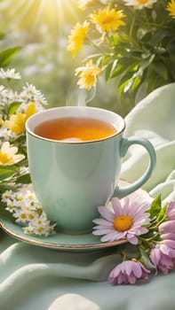 Morning Peace with a Cup of Tea. A peaceful scene featuring a mug filled with tea, placed on a soft white cloth. Delicate spring flowers with yellow centers surround the mug and add to the peaceful ambiance. The background is bathed in warm, golden sunlight, highlighting the lush greenery and more spring flowers. The steam slowly rising from the tea enhances the soothing and calming mood of the image.