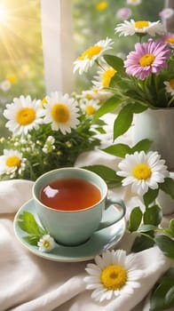 Morning Peace with a Cup of Tea. A peaceful scene featuring a mug filled with tea, placed on a soft white cloth. Delicate spring flowers with yellow centers surround the mug and add to the peaceful ambiance. The background is bathed in warm, golden sunlight, highlighting the lush greenery and more spring flowers. The steam slowly rising from the tea enhances the soothing and calming mood of the image.