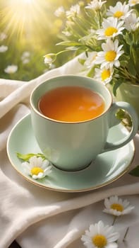 Morning Peace with a Cup of Tea. A peaceful scene featuring a mug filled with tea, placed on a soft white cloth. Delicate spring flowers with yellow centers surround the mug and add to the peaceful ambiance. The background is bathed in warm, golden sunlight, highlighting the lush greenery and more spring flowers. The steam slowly rising from the tea enhances the soothing and calming mood of the image.
