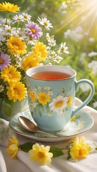 Morning Peace with a Cup of Tea. A peaceful scene featuring a mug filled with tea, placed on a soft white cloth. Delicate spring flowers with yellow centers surround the mug and add to the peaceful ambiance. The background is bathed in warm, golden sunlight, highlighting the lush greenery and more spring flowers. The steam slowly rising from the tea enhances the soothing and calming mood of the image.