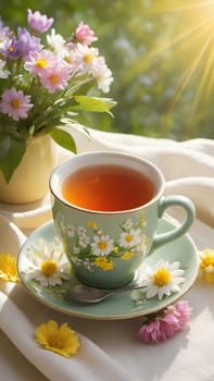 Morning Peace with a Cup of Tea. A peaceful scene featuring a mug filled with tea, placed on a soft white cloth. Delicate spring flowers with yellow centers surround the mug and add to the peaceful ambiance. The background is bathed in warm, golden sunlight, highlighting the lush greenery and more spring flowers. The steam slowly rising from the tea enhances the soothing and calming mood of the image.