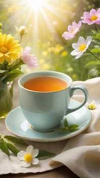 Morning Peace with a Cup of Tea. A peaceful scene featuring a mug filled with tea, placed on a soft white cloth. Delicate spring flowers with yellow centers surround the mug and add to the peaceful ambiance. The background is bathed in warm, golden sunlight, highlighting the lush greenery and more spring flowers. The steam slowly rising from the tea enhances the soothing and calming mood of the image.
