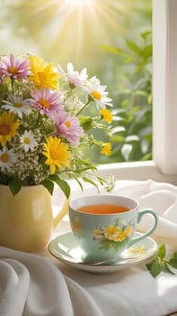 Morning Peace with a Cup of Tea. A peaceful scene featuring a mug filled with tea, placed on a soft white cloth. Delicate spring flowers with yellow centers surround the mug and add to the peaceful ambiance. The background is bathed in warm, golden sunlight, highlighting the lush greenery and more spring flowers. The steam slowly rising from the tea enhances the soothing and calming mood of the image.