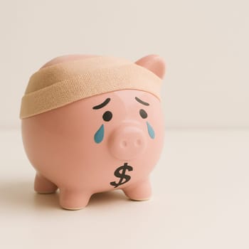 AI generated distressed piggy bank with dollar sign and bandage symbolizing global financial injury and economic recovery white background money crisis healing metaphor