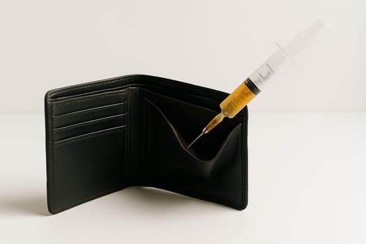 AI generated realistic empty men's wallet with golden liquid syringe symbolizing financial recovery and economic stimulus concept white background money solution wealth metaphor