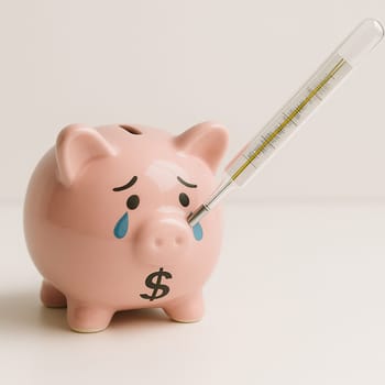 AI generated distressed piggy bank with dollar sign and high fever thermometer symbolizing global economic crisis and financial emergency white background money health metaphor
