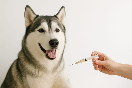 AI generated happy siberian husky dog receiving light yellow vaccine injection symbolizing preventive pet care and veterinary medicine concept white background animal health protection