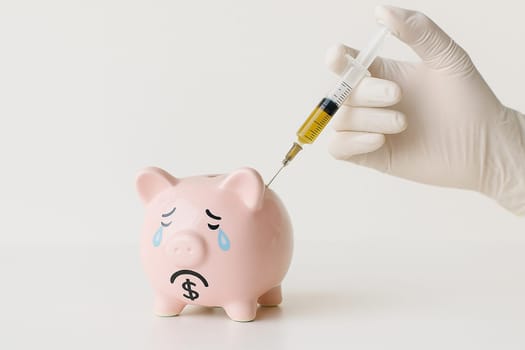 AI generated distressed piggy bank with dollar sign receiving golden syringe injection symbolizing global economic stimulus and financial recovery white background crisis solution metaphor