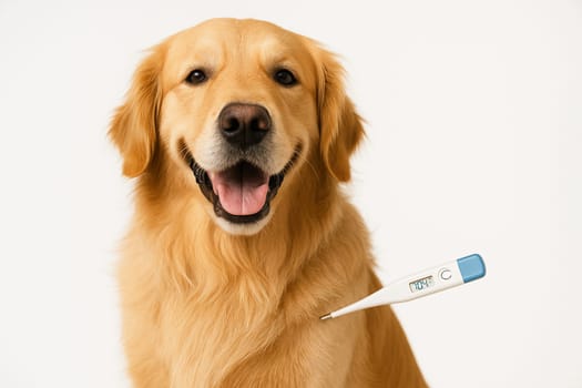 AI generated happy golden retriever dog with high fever thermometer showing elevated temperature symbolizing responsible pet health monitoring and veterinary care concept white animal wellness check