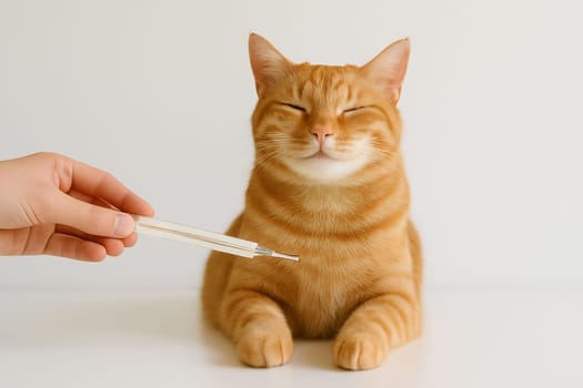 AI generated happy ginger tabby cat with high fever thermometer showing elevated temperature symbolizing responsible feline health monitoring and veterinary care concept white cat wellness check