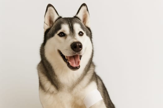 AI generated happy siberian husky dog with front leg bandage symbolizing pet injury recovery and loving care concept white background animal first aid and veterinary treatment