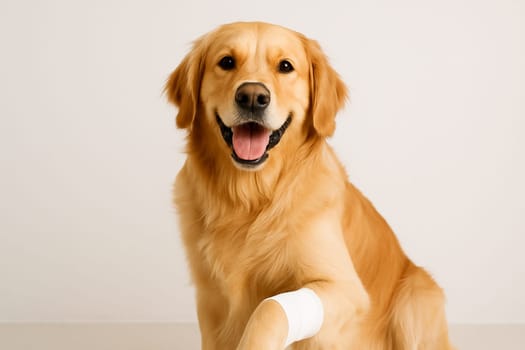 AI generated happy golden retriever dog with front leg bandage symbolizing loving pet care and injury recovery concept white background veterinary treatment and animal first aid
