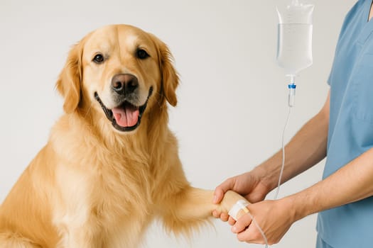 AI generated happy golden retriever dog receiving iv fluid therapy symbolizing professional pet care and veterinary treatment concept white background animal health and hydration