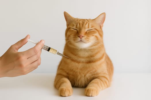 AI generated happy ginger tabby cat receiving light yellow vaccine injection symbolizing preventive feline healthcare and routine veterinary checkup concept white background cat immunization