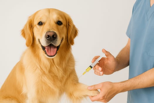 AI generated happy golden retriever dog receiving light yellow vaccine injection symbolizing preventive pet healthcare and routine veterinary medicine concept white background animal immunization