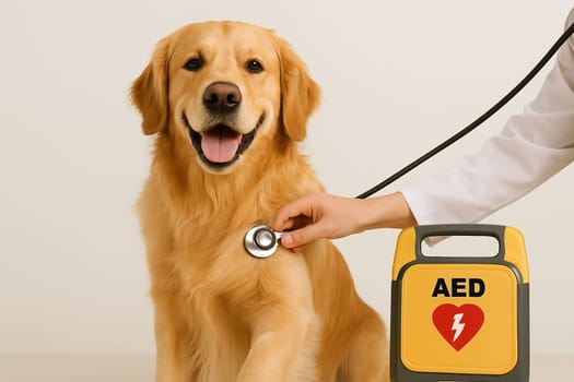 AI generated happy golden retriever dog with portable ECG monitor attached symbolizing advanced pet healthcare and cardiac checkup concept white background veterinary cardiology