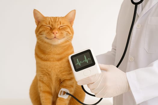 AI generated happy ginger tabby cat with portable ECG monitor attached symbolizing advanced feline healthcare and cardiac checkup concept white background veterinary cardiology