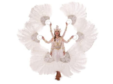 Full body of happy little girl in white dress and crown raising arms and looking at camera isolated on white background