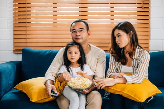 In the cozy atmosphere of their house the family bonds while watching a video with popcorn. The father mother son daughter and schoolgirl radiate happiness epitomizing togetherness and relaxation.