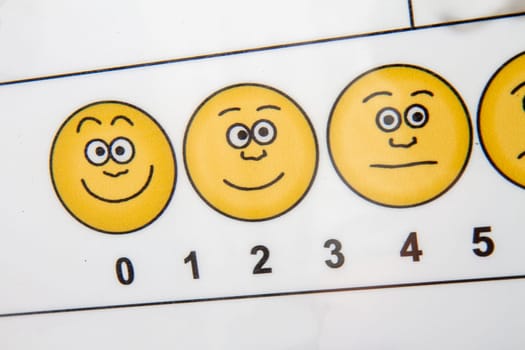 A series of smiling and frowning faces are shown on a white background. The smiling faces are numbered from 0 to 5, while the frowning faces are numbered from 6 to 10. Concept of happiness and sadness